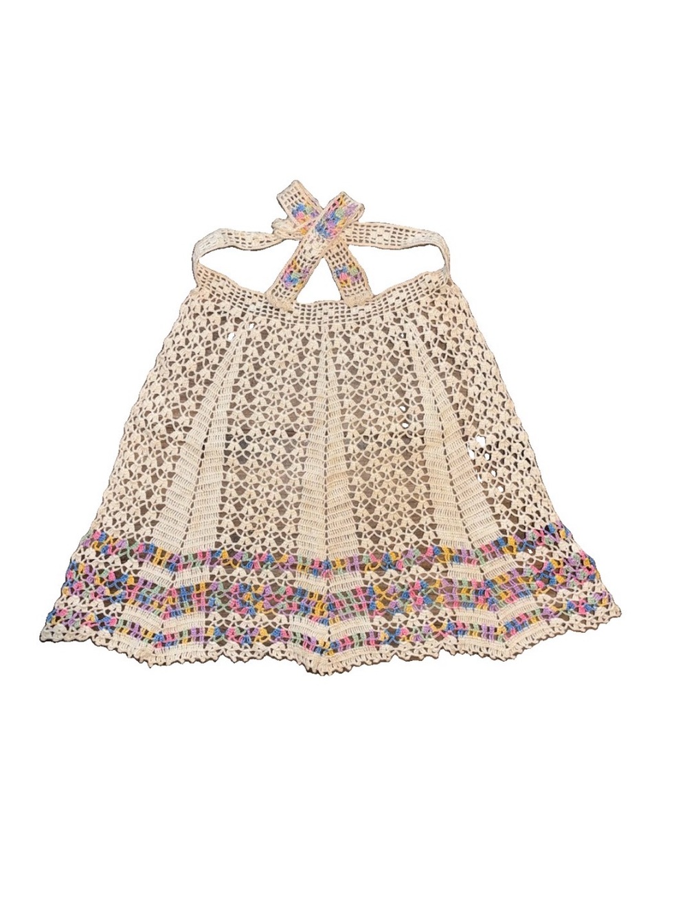 Vintage Hand Crochet Hostess Apron MCM Cream & Pastel Grannycore Cottagecore  OS